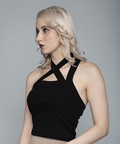 Image of A1726 Women's Basic Solid Halter Neck Crop Top for Women Stylish Western