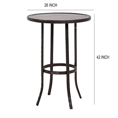 Image of OUTLIVING Rattan Wicker Outdoor Bar Patio Round Table with 2 Chairs Set for Home Graden Balcony 2 Seater Bar Patio Furniture - (Black & Red Cushion)