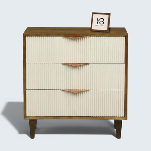 Image of Solid Wood Rodondo Chest of Drawers | Drawer Chest with 3 Drawers | Wooden Drawer Storage Cabinet | Finish- Premium Off White and Light Brown