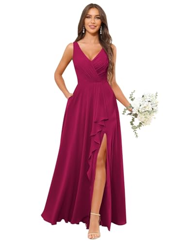 Image of HANVAIOS Long Chiffon V Neck Bridesmaid Dresses for Women Formal Dress with Pocket