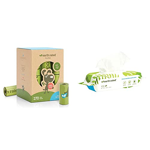 Earth Rated Dog Poo Bag Refill Rolls and Grooming Wipes Bundle, 270 Leak Proof and Extra Thick Waste Bags and 100 Plant Based Grooming Wipes, Unscented