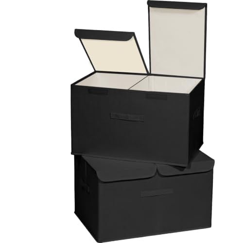 Image of 2 Pack Storage Boxes with Lids and Handles, Collapsible Linen Storage Bins Organizer Containers Baskets Cube with Removable Divider for Home Bedroom Closet Office (Black, XL)