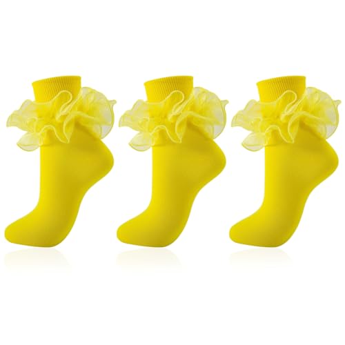 Image of Women Big Ruffle Ankle Socks Adult Double Lace Frilly Turn Cuff Dress Socks Cotton Cute Fancy Bobby Crew Socks