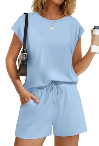 Image of WIHOLL Two Piece Sets for Women Summer Crew Neck Lounge Short Sets Cap Sleeve Drawstring Sweatsuit with Pocket