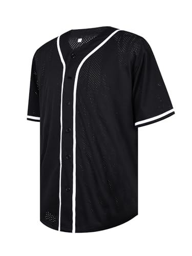 Camiseta de béisbol para hombre, uniforme deportivo de manga corta con botones, estilo hipster hip hop (Negro con ribete blanco - S)