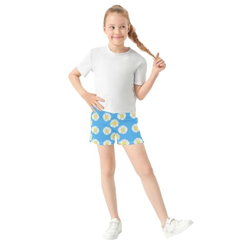 Girls Athletic Shorts Daisies White Pale Yellow Petals Print Comfy Casual Summer Youth Pajama Sleep Shorts, X-Small2