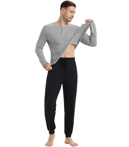 Image of NACHILA Mens Pajamas Set Long Sleeve Henley Sleepwear Top Soft Jogger Pants Pajamas Cool Pjs Set,Viscose Made from Bamboo