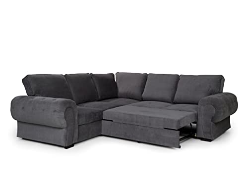 FURNITURESTOP. Nikaro Corner Sofa Bed with Storage Space,Black Grey Sofa Bed 3 Seater,Cushions Included (2C2 Graphite Corner Sofa Bed,Full Back Cussions)