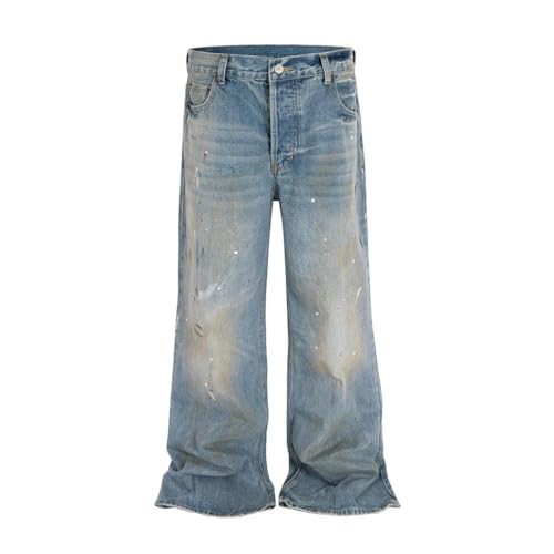 Men’s Splashing Paint Washed Vintage Blue Baggy Jeans, Straight Streetwear Loose Fit Denim Trousers2