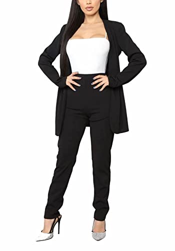 Tcremisa Women's Casual Pants Suit 2 Piece Business Outfits Solid Long Sleeve Blazer and Pencil Pant Sets