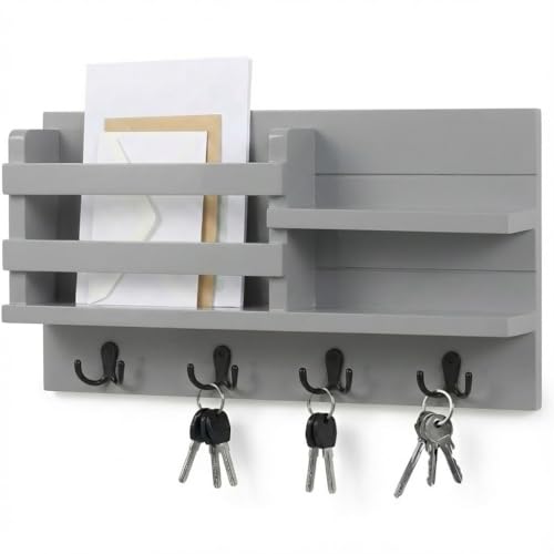 Image of Key Holder for Wall with Mail Shelf & 4 Hooks | Engineered Wood (Grey, Elegant Mail Organizer - 35.5 x 9 x 23 cm)