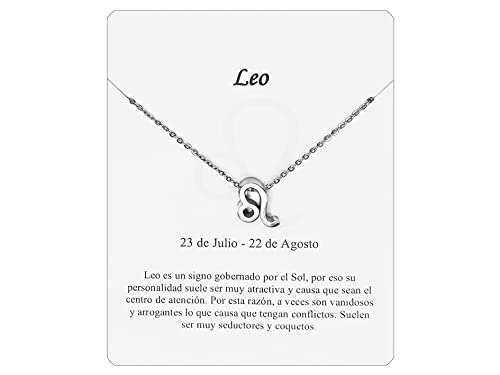 Collar Signo Zodiaco Leo Acero Inoxidable hermosa Tarjeta Significado Signo Zodiacal Colgante Horóscopo Para mujer o Hombre Regalo Cumpleaños (Leo Plateado)