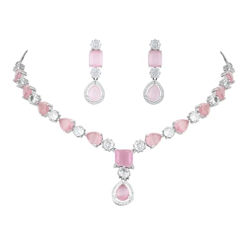 Image of I Jewels Silver Plated Cubic Zirconia American Diamond Valentines Special Necklace & Drop Earrings Jewellery Set for Women