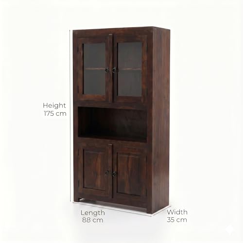 Image of SONA Art & Crafts Wood Crockery Cabinet with Glass Door | Wooden Book Shelf Cabinet with Storage Rack for Home & Office Living Room (Walnut Brown)