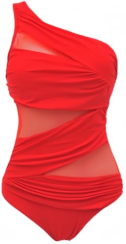 Ocean Plus Mujer Malla Color Sólido Asimetría Figura Que Forma Traje de Baño Mesh Cuello Alto Una Pieza Talla Extra Trajes de Una Pieza (3XL (EU 44-46), Asimetría Rojo)
