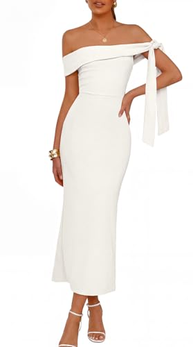 MEROKEETY Womens Summer Off The Shoulder Maxi Dress 2026 Bodycon Wedding Guest Cocktail Formal Party Long Dresses White S