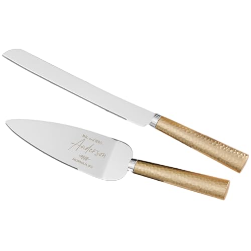 Personalization Universe Botanical Wedding Engraved Cake Knife & Server Gold Hammered Set