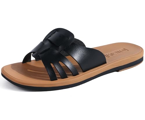 ONCAI Slides Sandalen Damen, Flache für Damen 2025 Modische Sommer Strand rutschfesten Gummisohlen Sandalen Schwarz Khaki Größe 39