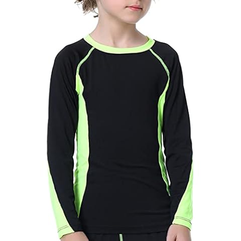 Nyeemya Boys Long Sleeve Swim Shirts Swimsuit Kids Swimming Top Rash Guard Child Swimwear UV Rash Vest Black&Fluorescent Green 13-14 Years Cover