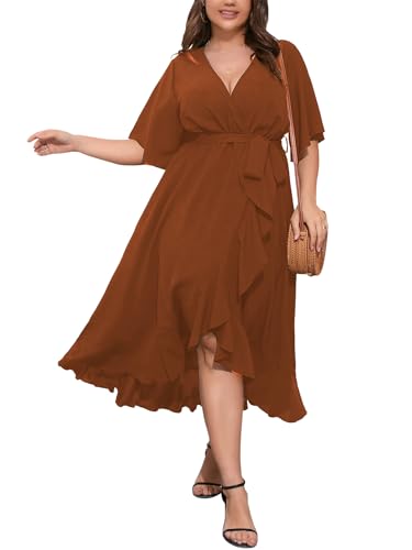 Image of SCOMCHIC SCOMHIC Plus Size Summer Dress Maxi Dress V Neck Wrap Belted Short Sleeve Dress Ruffle Flowy Cocktail Party Cocktail Dress Rust