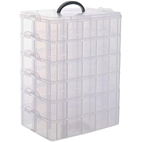 Sooyee 6-Tier Stackable Craft Organizers and Storage Box with 60 Compartments,Plastic for Toys,Dolls, Arts and Craft, Fuse Beads, Washi Tape, Rock Collection, Ribbons,Clear Cover
