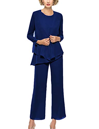 LINDO NOIVA Mother of The Bride Pant Suits 3 Piece Outfits Formal Womens Evening Long Sleeve Chiffon Dressy Pantsuits for Weddings Royal Blue 14 M01