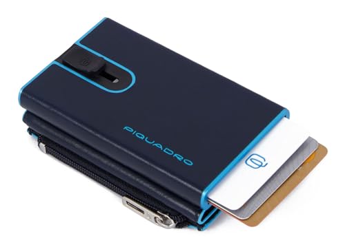 Image of Piquadro - Blue Square Metal Automatic Wallet - Men - Night Blue | Coin compartment, Sliding mechanism, Anti-fraud protection, Slim