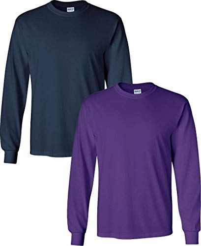 Image of Gildan Men's Ultra Cotton Adult Long Sleeve T-Shirt Pack of 2Navy-Purple XL