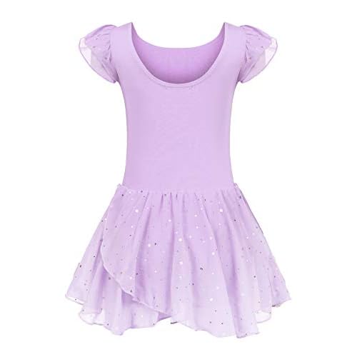 trudge Kinder Ballettkleidung Ballettkleid Mädchen Kurzarm Baumwolle Balletttrikot Ballettanzug Tanzkleid Tanzbody mit Rock Tütü, Lila , 120