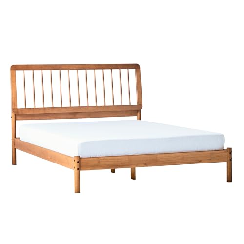 Walker Edison Clemente Mid-Century Modern Spindle Headboard Queen Bedframe, Queen Size, Caramel
