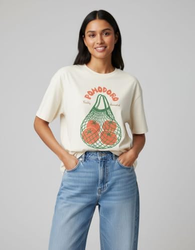 Image of Oversized Cotton T-Shirt for Women Half Sleeve Pomodoro Printed Tee - Breathable Loose Fit Asthetic Casual Wear for College and Daily Ou Outfits, Streetwear