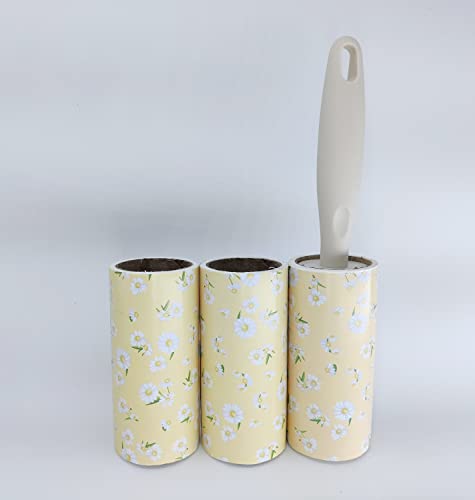 Image of House of Quirk Lint Rollers Brush Reusable Sticky Picker Cleaner Roller Easy-Tear Sheets Pet Hair Lint Roller 10cm Sheet Set of 3 Rolls 180 Sheets, 60 Sheets Each roll - Mustard Flower