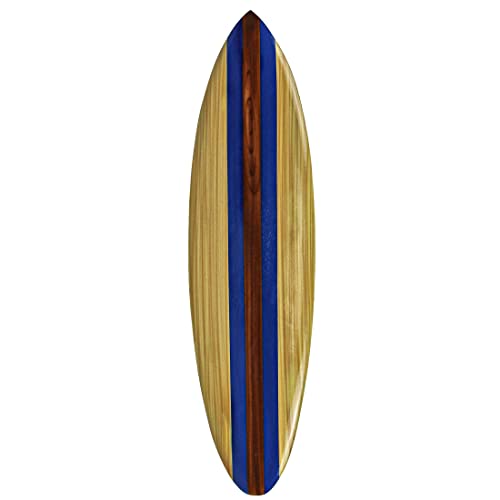 Natural Finish Blue Striped Wood Surfboard Decorative Wall Hanging - Easy to Hang - Ideal Wooden Beach Decor Accent - 32 Inches Long - Embrace Coastal Charm