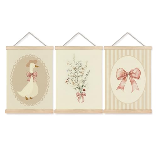 Image of Nipil Coquette Pink Bow Goose Flower Nursery Poster Hanger Frame, Pastel Silly Goose Floral Preppy Bow Hanging Canvas Framed Wall Art Decor for Nursery Girls Room Dorm, 12x16 Inch Set of 3