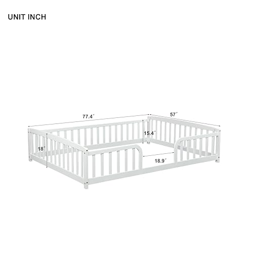 Image of Bellemave Full Size Montessori Floor Bed Frame with High Fence, Solid Wood Kids Floor Bed with Central Entrance, Low Profile Bed for Boys & Girls, Rounded Corner Design,White