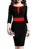 WOOSEA Women's 2/3 Sleeve Colorblock Slim Bodycon Business Pencil Dress (Small, Black+Red #2)