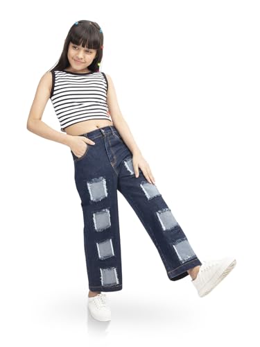 Image of olele Girls Super Jeans Collection for 4-14 Yrs | Stretchable Cotton Denim Trousers | Blue Jeans for Kids | Baggy Denim Pants | Cargo Pants for Girls