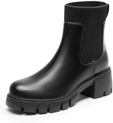 DREAM PAIRS Damen Plateau Chelsea Boots Bequeme Stiefeletten | Kunstleder & Strickschaft, Rutschfeste Sohle, Weiche Einlegesohle, 6cm Plateauabsatz, Elegant & Vielseitig Für Herbst