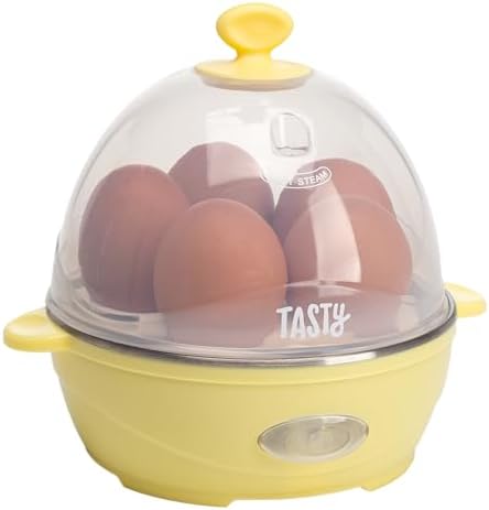 Tasty Mini Rapid Egg Cooker, 5-Egg Capacity for Perfect Hard Boiled Eggs or Omelets, Auto Shut Off, Yellow