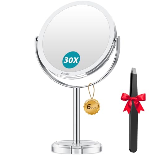 Auxmir 1X/ 30X Magnifying Mirror, Makeup Mirror with Tweezer, Double Sided Round Vanity Tabletop Mirror, 360° Rotation Portable for Dressing Table Desk Bathroom Bedroom Travel, Clear