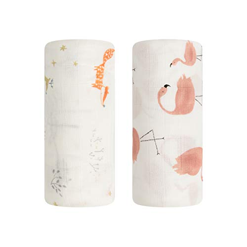 Image of Babebay Baby Swaddle Blanket, Bamboo Muslin Swaddle Blankets for Newborn, Swaddle Wrap Soft Silky Neutral Receiving Blanket for Girls and Boys, 47 x 47 inches, Set of Fox & Flamingo