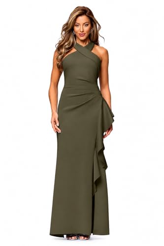Image of Xscape Evenings Women's Long, Bodycon Low-Sheen Cross Front Halter Neck Evening Dress with Ruching & Ruffle Detail