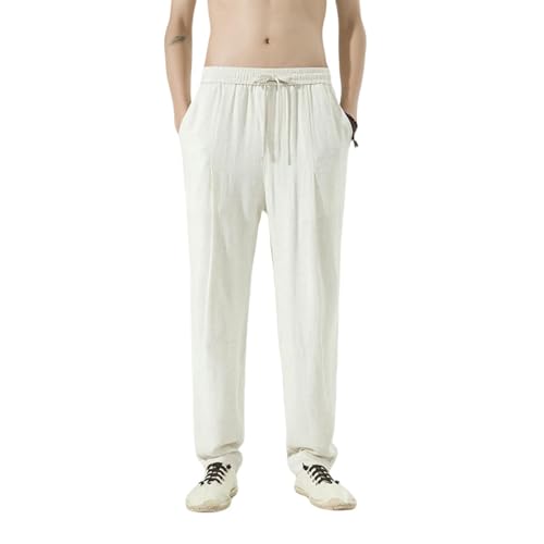 Pantalon style chinois coton lin coupe ample jambe droite décontracté léger