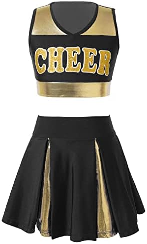 Oyolan Kid Girls Cheer Uniform Outfit Sleeveless V Neckline School Cheerleading Camp Cosplay Halloween Costume Black D 10 Years
