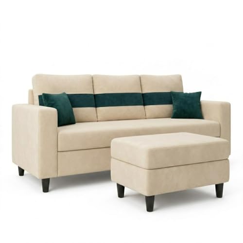 Image of FURNY Luxury Conva 4 Seater Sofa Set with Ottoman for Living Room |Soft Suede Fabric Upholstered | Modern Cushioned Comfortable Couch for Home Office & Drawing Room | Cream