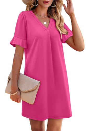 Image of OFEEFAN Summer Dresses for Women Ruffle Short Sleeve V Neck Casual Shift Dress with Pockets