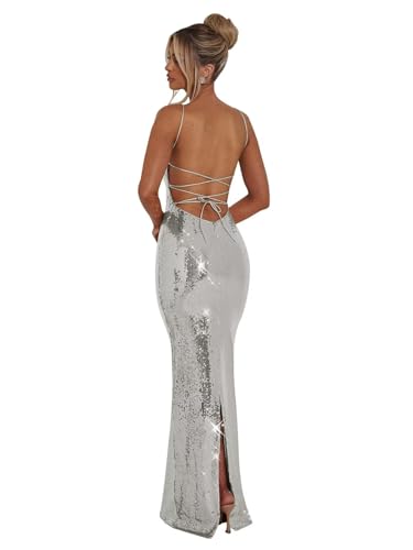 Eightale Sparkly Sequin Mermaid Prom Dress Long with Slit Bodycon Backless Formal Evening Party Gowns