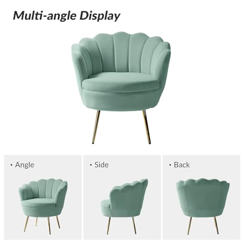 Image of HULALA HOME Modern Velvet Accent Chair with Shell Shaped Back, Cute Living Room Bedroom Armchair Sofa Chair with Gold Legs, Comfy Upholstered Vanity Chair for Makeup Room, Sage