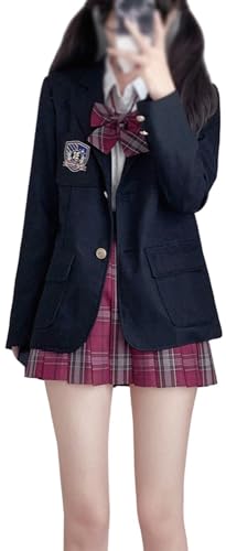TTYAO REII JK Uniform 5 Piece Set Japanese School Girls Uniform Two Button Blazer Pleated Plaid Skirt Shirt Bowtie Badge (Black Red, L)