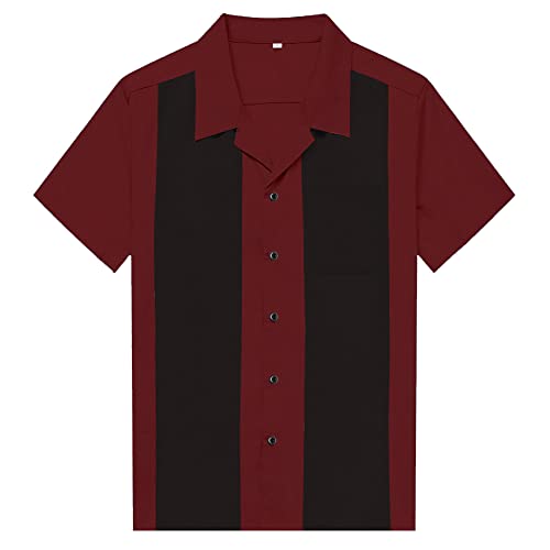 Candow Look Men's Rockabilly Clothing Short Sleeve Fifties Bowling Casual Button-Down Two-Tone Shirts(Mahogany+Black,L)